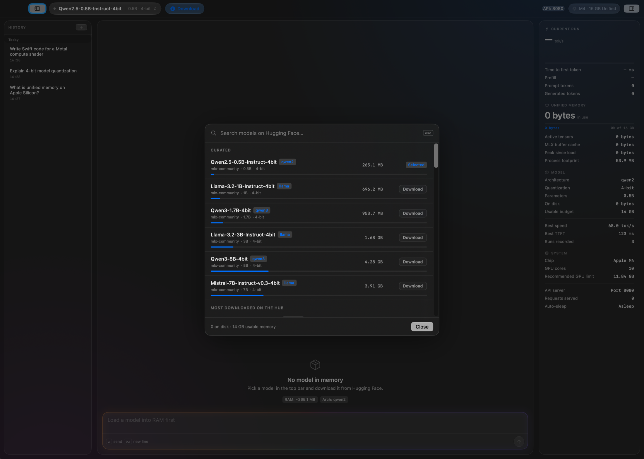 MetalMind macOS app running a local model with live unified memory telemetry